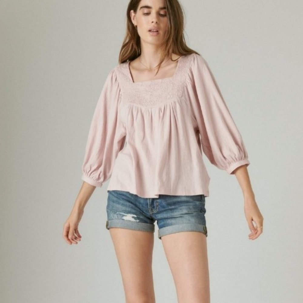 Lucky Brand Women's Embroidered Square Neck Blouse Lilac Size Medium